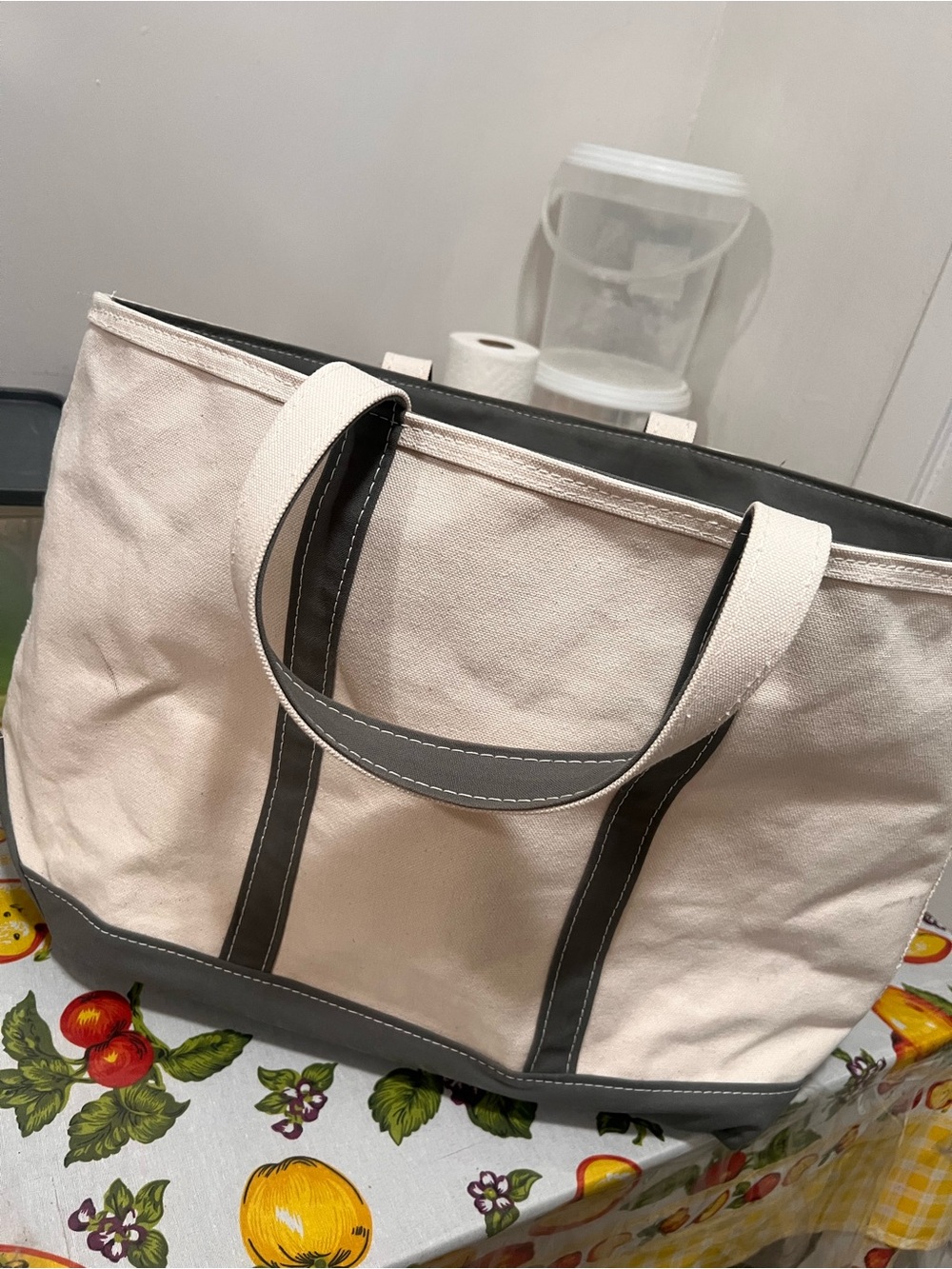 L.L. Bean Cream Canvas Tote with Gray Trim